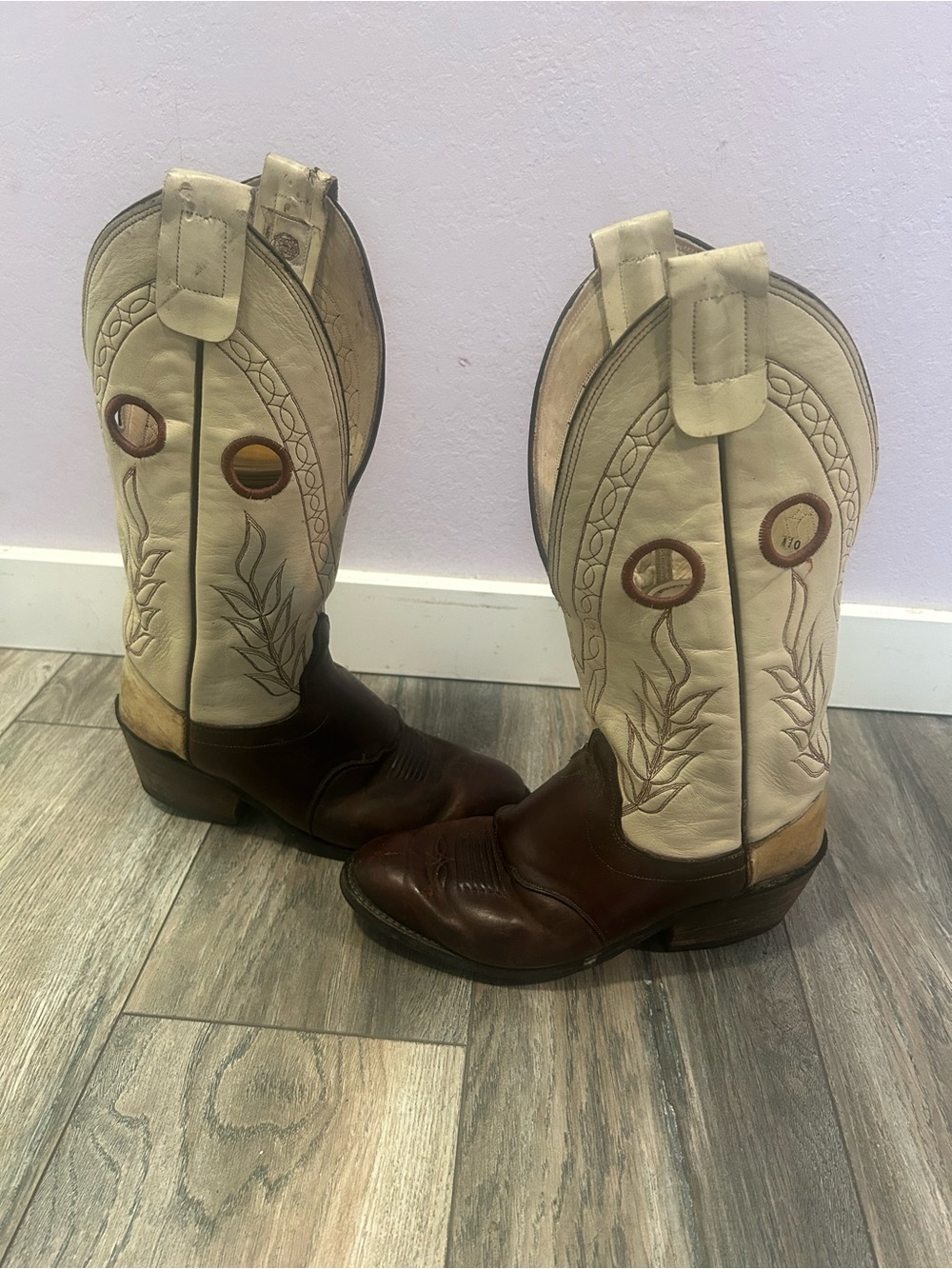 Olathe KS Kansas USA Made Brown Cream Leather Cowboy Western Boots Men’s 9 1/2 D